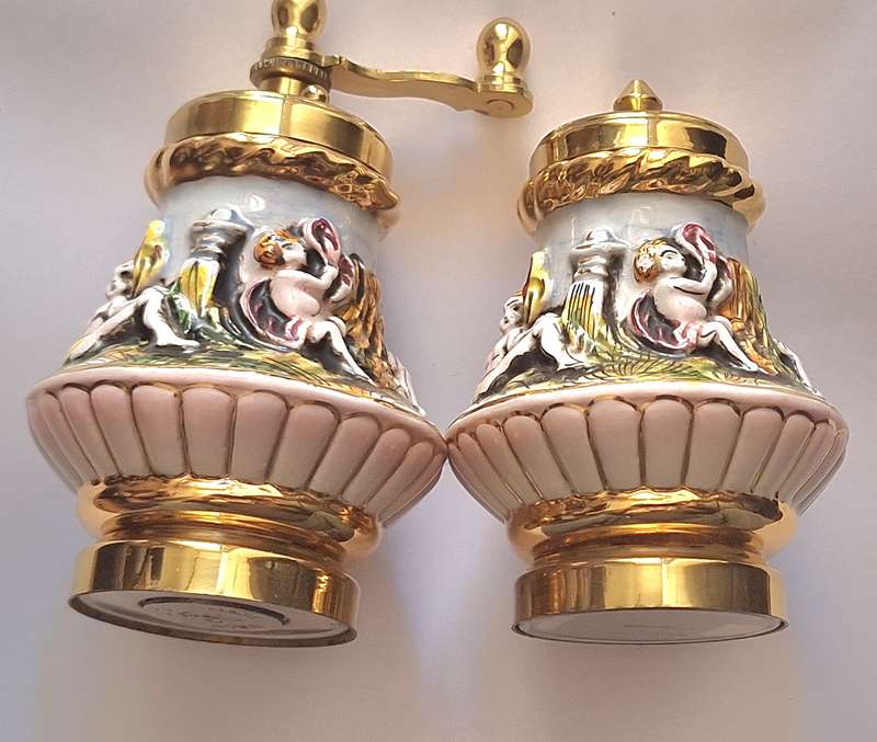 Vintage Capodimonte Salt Shaker & Pepper Mill High Relief Cherubs Made in Italy in original box