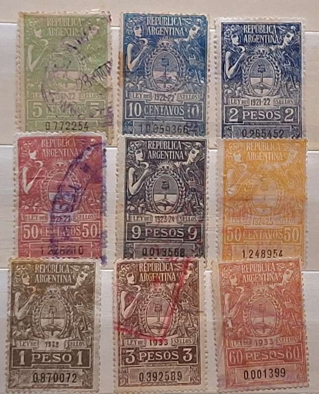 Argentina 1921-1933 Revenue Tax LEY DE SELLOS 9 Used Numbered stamps