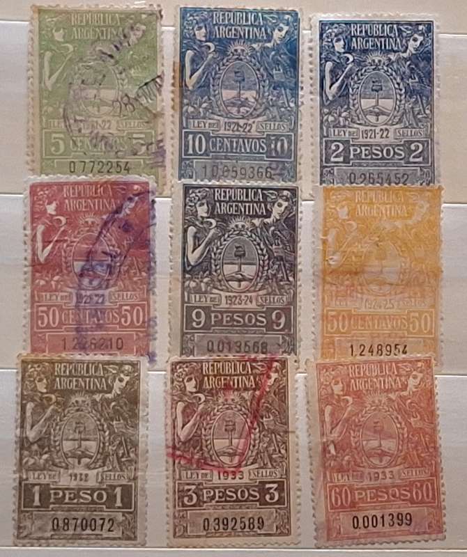 Argentina 1921-1933 Revenue Tax LEY DE SELLOS 9 Used Numbered stamps