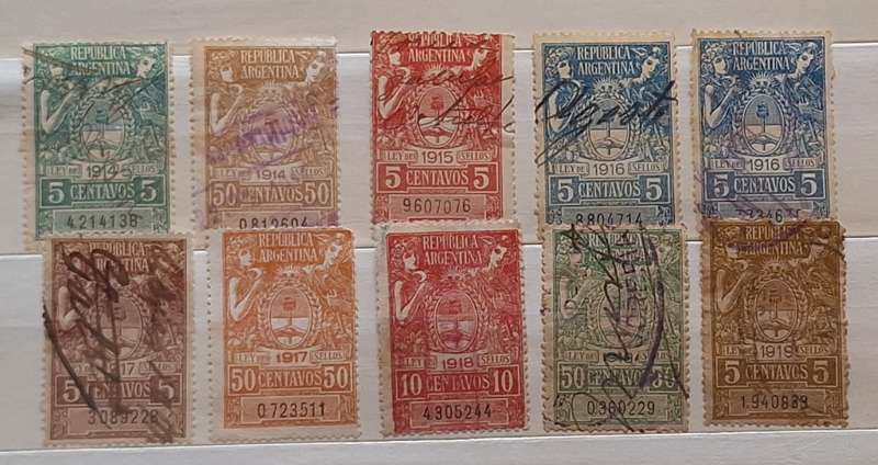 Argentina 1914-1919 Revenue Tax LEY DE SELLOS 10 Used Numbered stamps