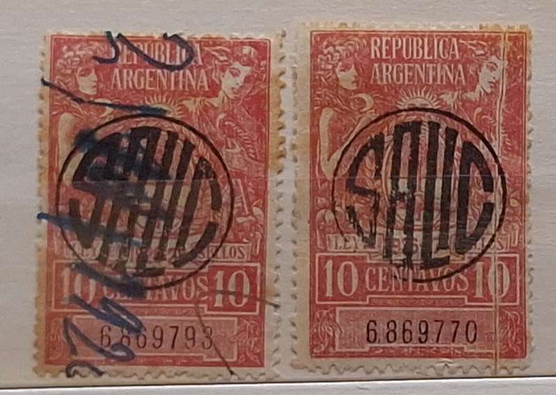 Argentina 1920's Revenue Tax LEY DE SELLOS 1 Used and 1 Unused Numbered stamps SALIC Overprint