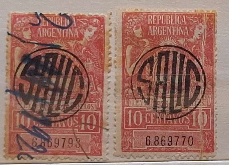 Argentina 1920's Revenue Tax LEY DE SELLOS 1 Used and 1 Unused Numbered stamps SALIC Overprint