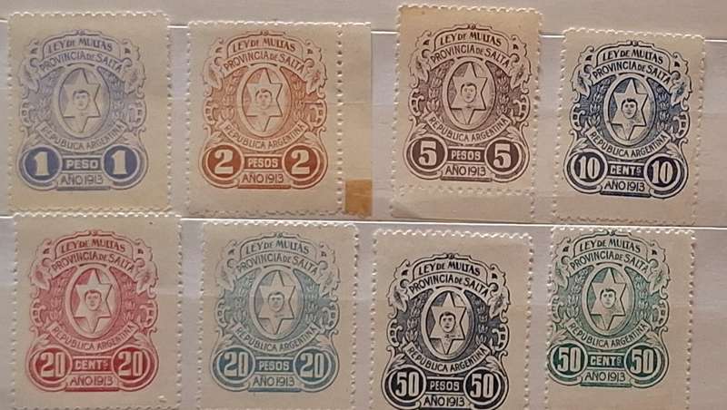 Argentina SALTA Local Revenue Stamps LEY DE MULTAS Fines 1913 8 Unused stamps