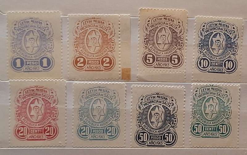 Argentina SALTA Local Revenue Stamps LEY DE MULTAS Fines 1913 8 Unused stamps