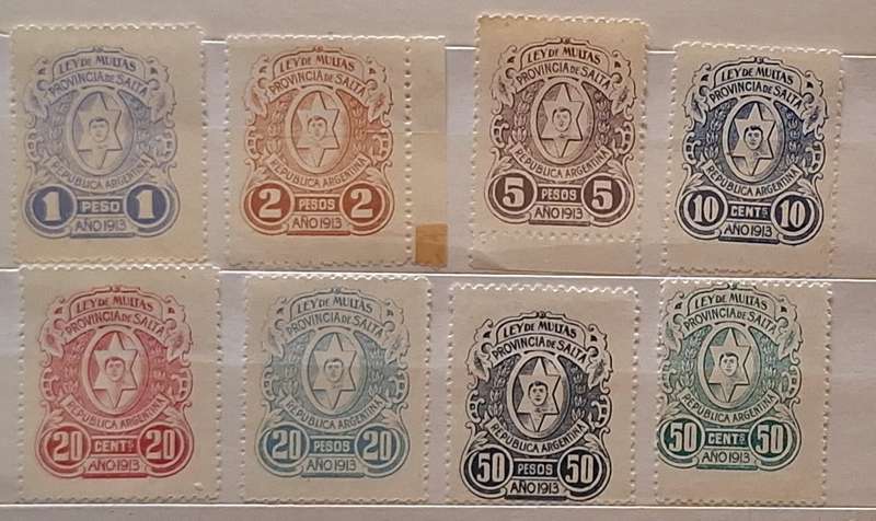 Argentina SALTA Local Revenue Stamps LEY DE MULTAS Fines 1913 8 Unused stamps