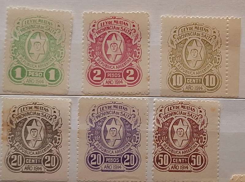 Argentina SALTA Local Revenue Stamps LEY DE MULTAS Fines 1914 6 Unused stamps