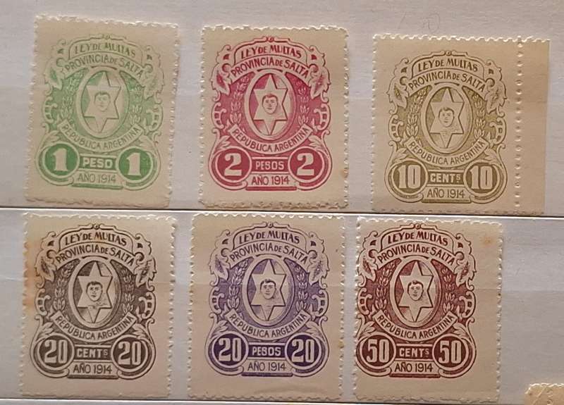 Argentina SALTA Local Revenue Stamps LEY DE MULTAS Fines 1914 6 Unused stamps
