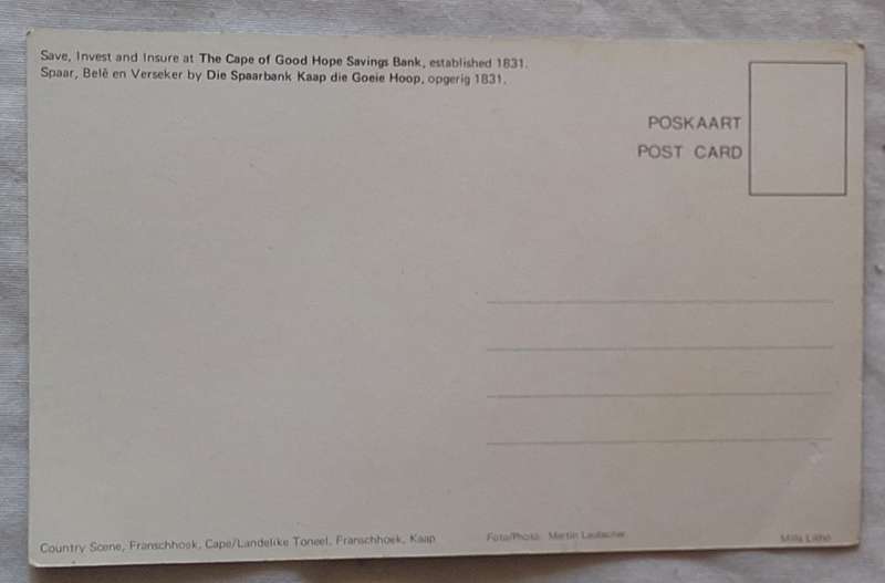 Cape of Good Hope Savings Bank Post Card of Franschhoek Country Scene Photo by Martin Laubscher