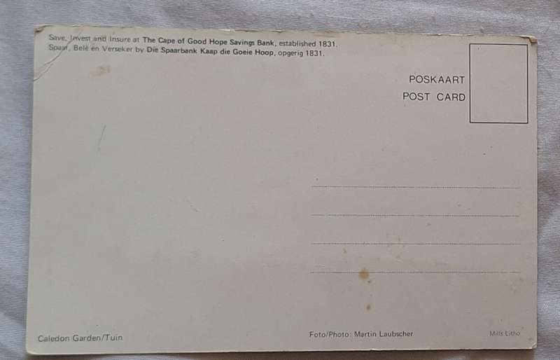 Cape of Good Hope Savings Bank Post Card of Caledon Garden Photo by Martin Laubscher