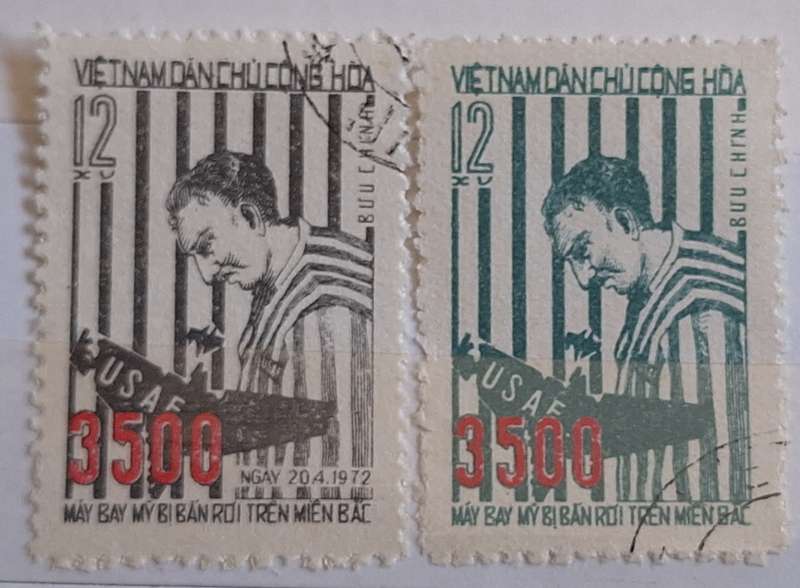Vietnam 1972 3500 US Warplane Shot Down Set of 2 Cancelled Hinged stamps