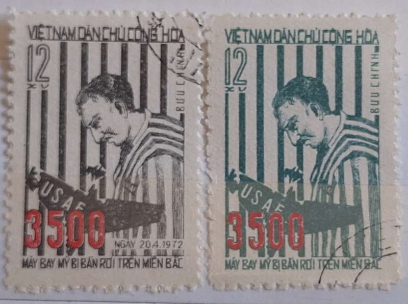 Vietnam 1972 3500 US Warplane Shot Down Set of 2 Cancelled Hinged stamps