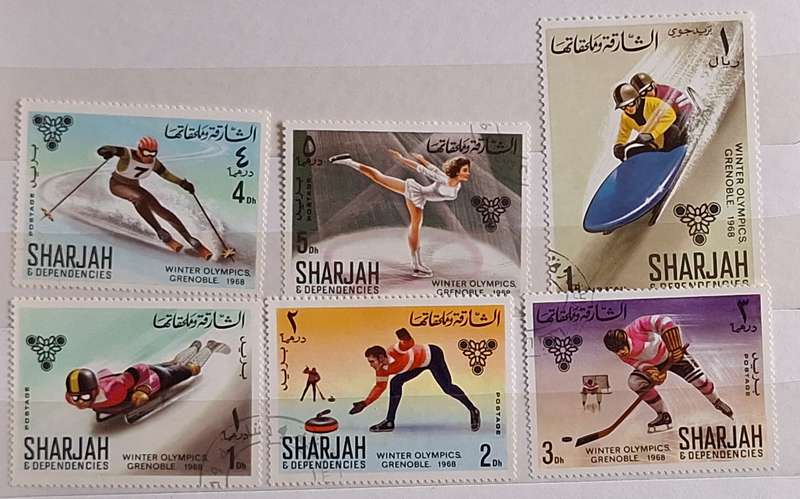 Sharjah 1968 Olympic Winter Games 6 Cancelled Hinged stamps from Set of 8 stamps