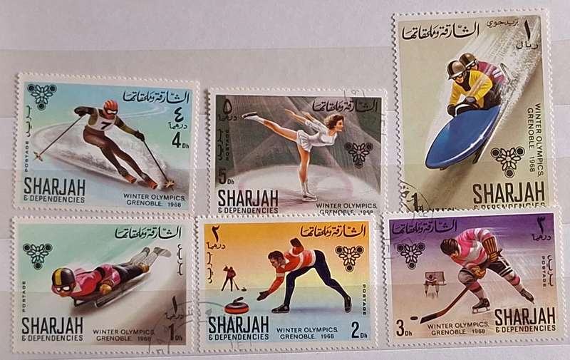 Sharjah 1968 Olympic Winter Games 6 Cancelled Hinged stamps from Set of 8 stamps