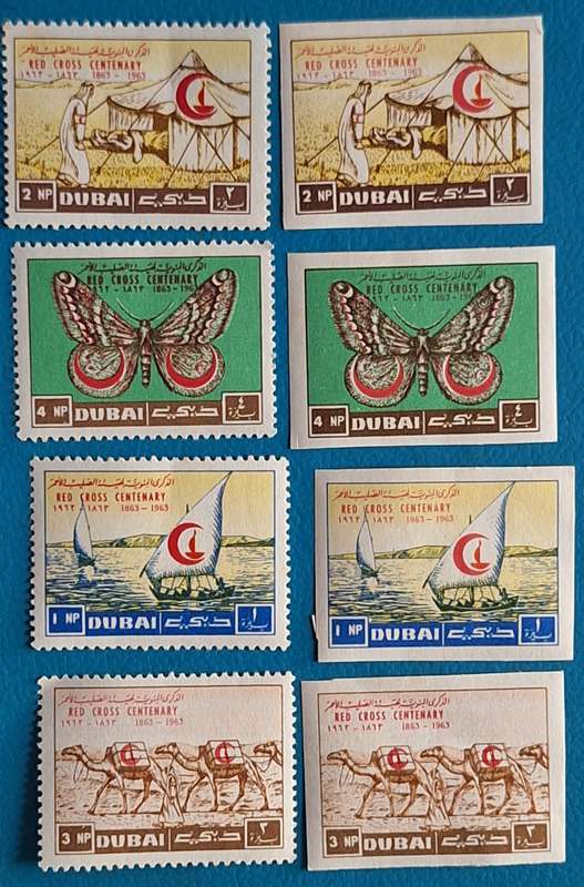 Dubai 1963 Red Cross Centenary  2 Sets Of 4 Unused stamps 1 Perforated and 1 Imperforate