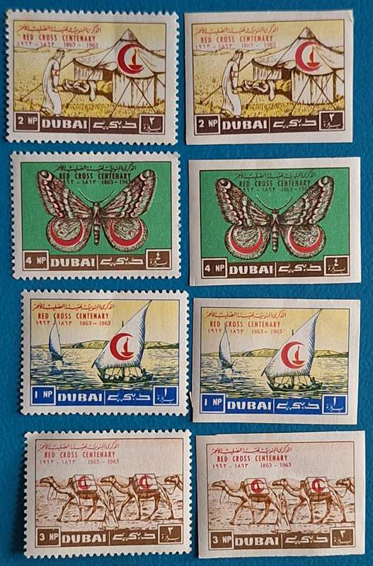 Dubai 1963 Red Cross Centenary  2 Sets Of 4 Unused stamps 1 Perforated and 1 Imperforate