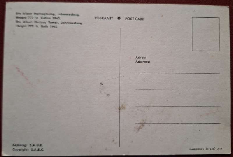 Dagbreek (H&G) JHB Post Card of Albert Hertzog Tower, Johannesburg