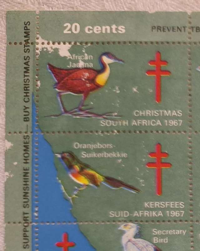 RSA 1967 Charity Stamps (Support Sunshine Homes) Christmas Greetings Birds Sheet of 20 Unused