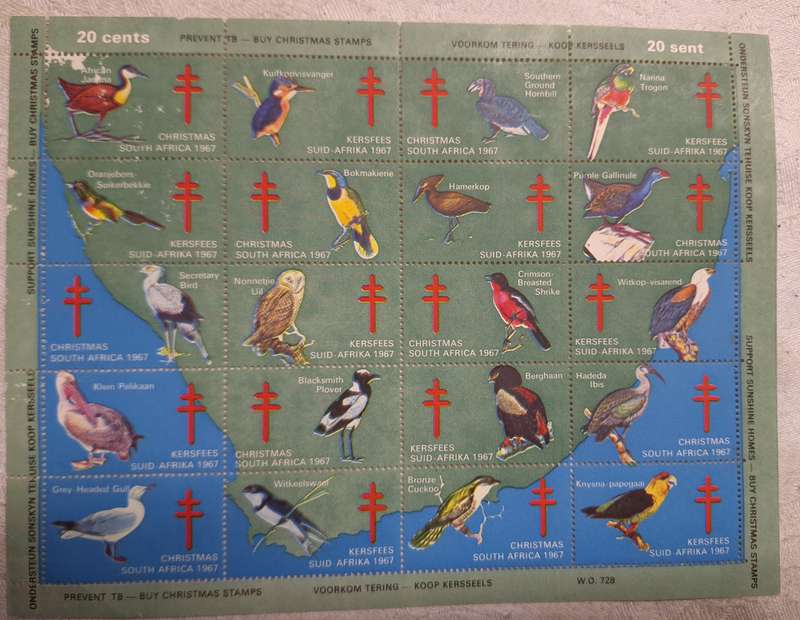 RSA 1967 Charity Stamps (Support Sunshine Homes) Christmas Greetings Birds Sheet of 20 Unused