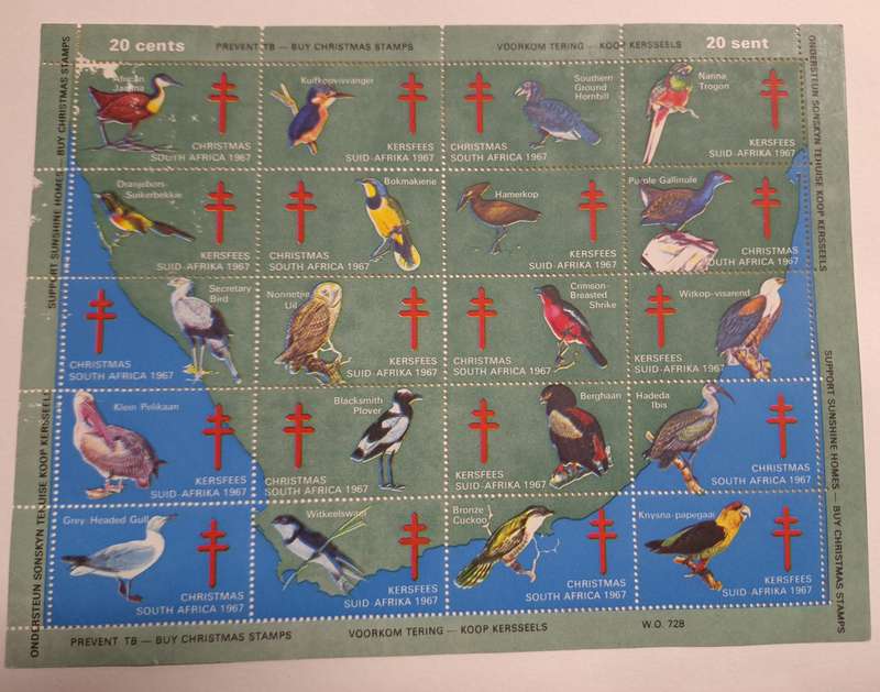 RSA 1967 Charity Stamps (Support Sunshine Homes) Christmas Greetings Birds Sheet of 20 Unused