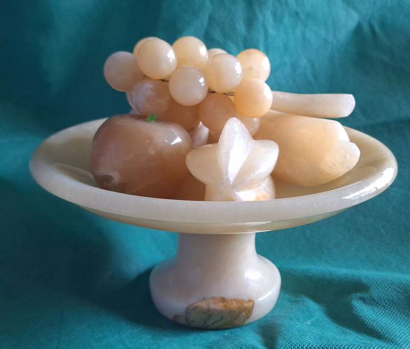 Vintage Marble Fruit Stand with Five Pieces Marble Fruit