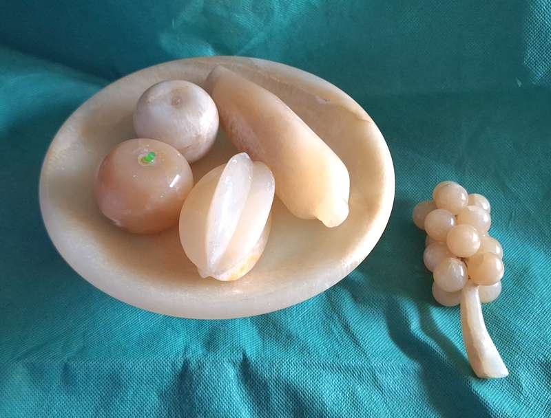 Vintage Marble Fruit Stand with Five Pieces Marble Fruit
