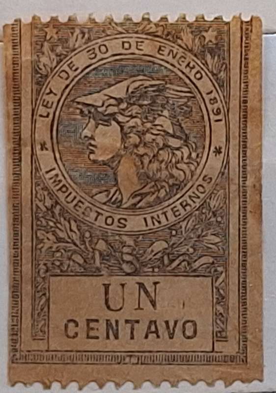 Argentina 1891 General Tax Un Centavo 1 Used stamp Perforated at top and bottom only.