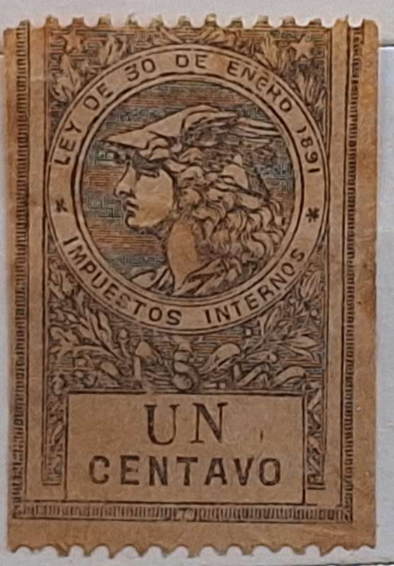 Argentina 1891 General Tax Un Centavo 1 Used stamp Perforated at top and bottom only.
