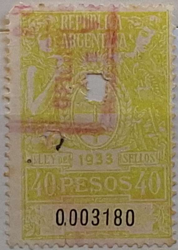 Argentina 1933 Revenue Tax LEY DE SELLOS 1 Used Numbered stamp