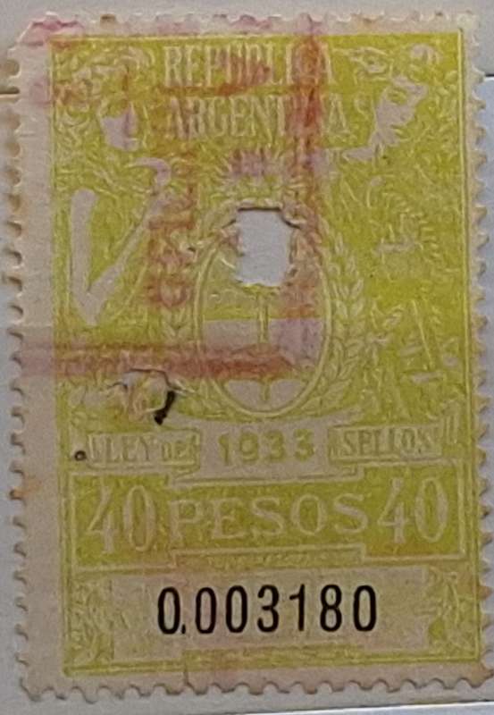 Argentina 1933 Revenue Tax LEY DE SELLOS 1 Used Numbered stamp