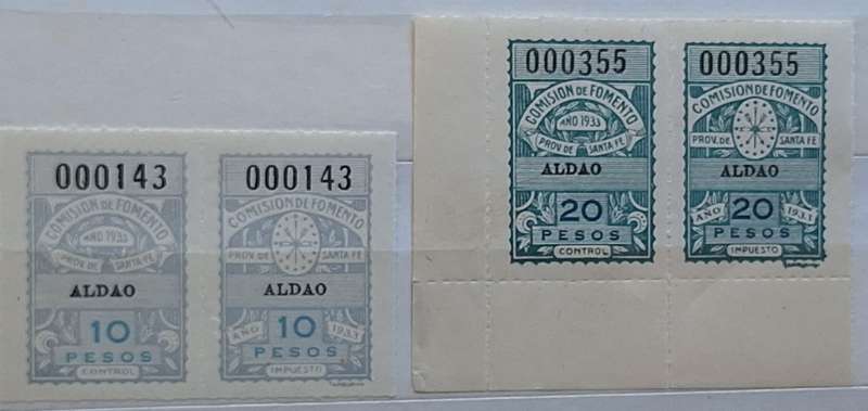 Argentina Santa Fé Aldao 1933 Comision de Fomento Revenue stamps 2 Unused Pairs