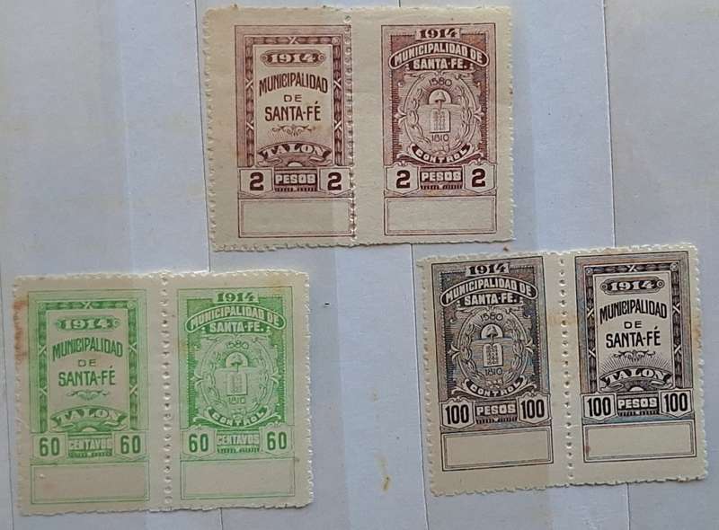 Argentina 1914 Santa Fe Municipal Fiscal 3 Pairs Unumbered Unused Talon and Control stamps
