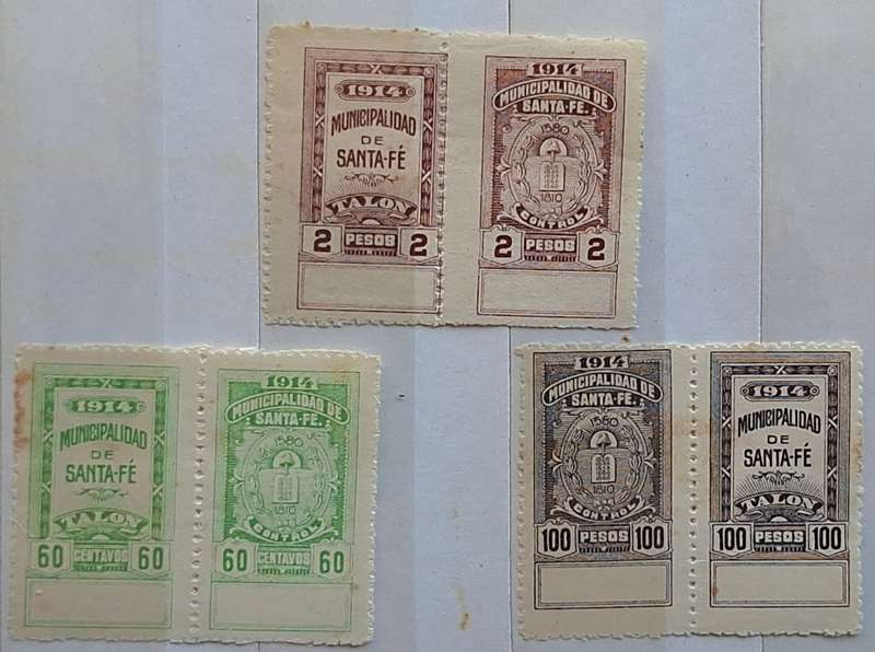 Argentina 1914 Santa Fe Municipal Fiscal 3 Pairs Unumbered Unused Talon and Control stamps