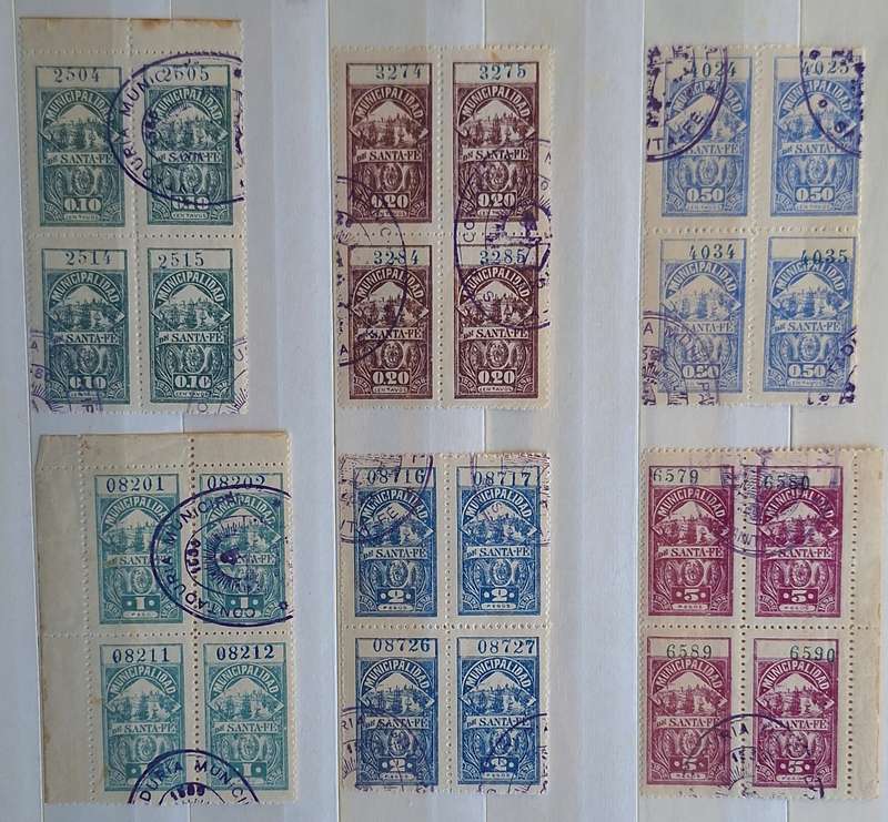 Argentina 1898 Santa Fe Municipal Revenue 6 Blocks of 4 cancelled stamps