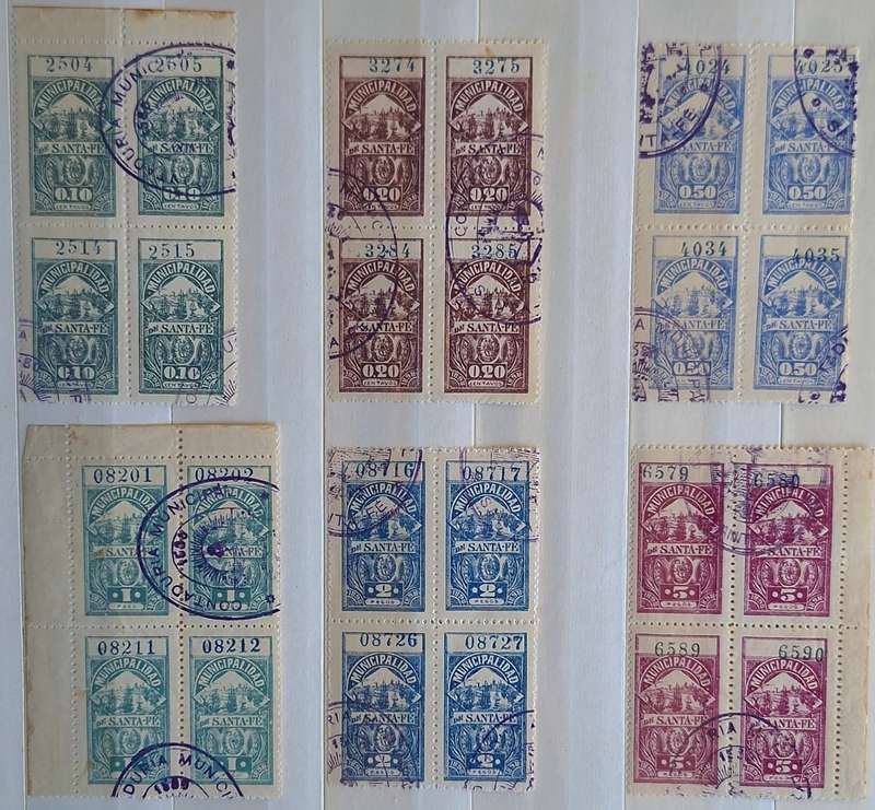 Argentina 1898 Santa Fe Municipal Revenue 6 Blocks of 4 cancelled stamps
