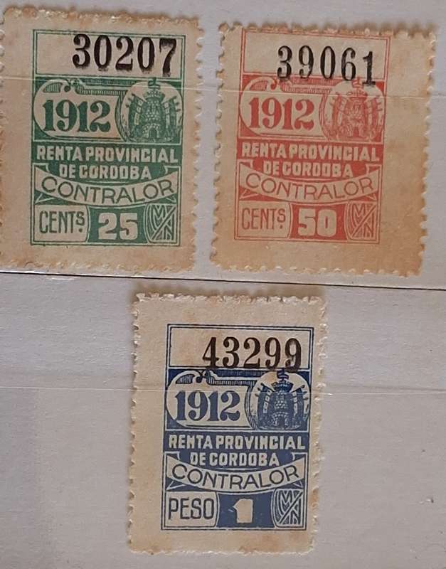 Argentina 1912  Cordoba  Documentary Fiscals 3 Unused Hinged numbered stamps