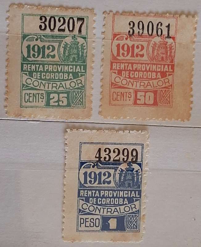 Argentina 1912  Cordoba  Documentary Fiscals 3 Unused Hinged numbered stamps