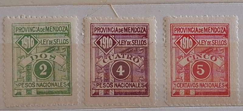 Argentina 1910 Provincia de Mendoza 3 Unused Revenue Stamps