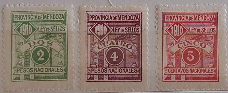 Argentina 1910 Provincia de Mendoza 3 Unused Revenue Stamps