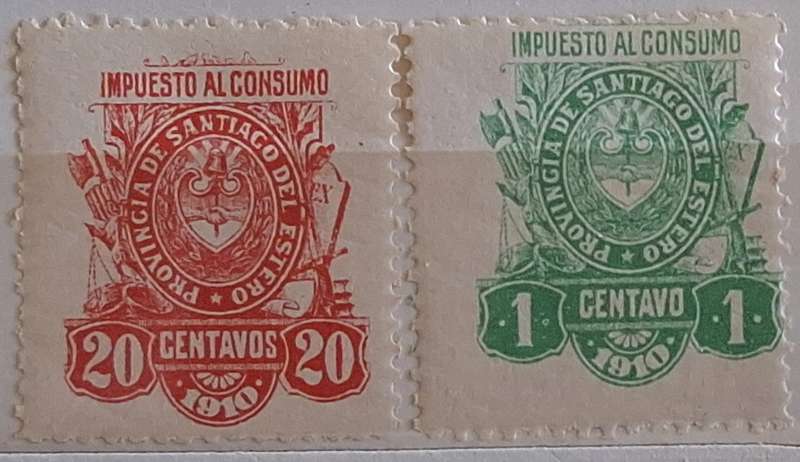 Argentina 1910 Province of Santiago Local Revenue Consumption Tax 2 Unused stamps