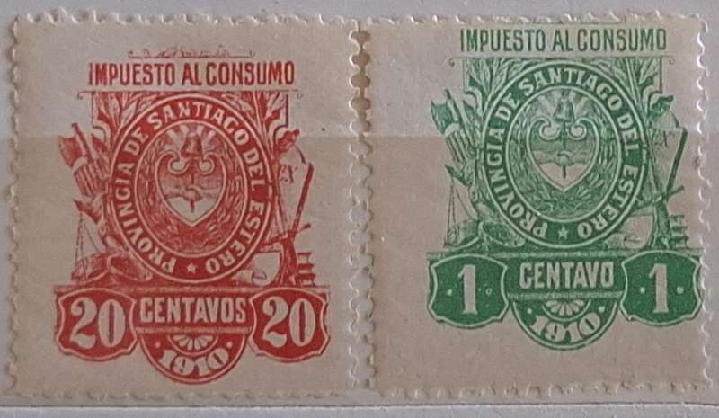 Argentina 1910 Province of Santiago Local Revenue Consumption Tax 2 Unused stamps