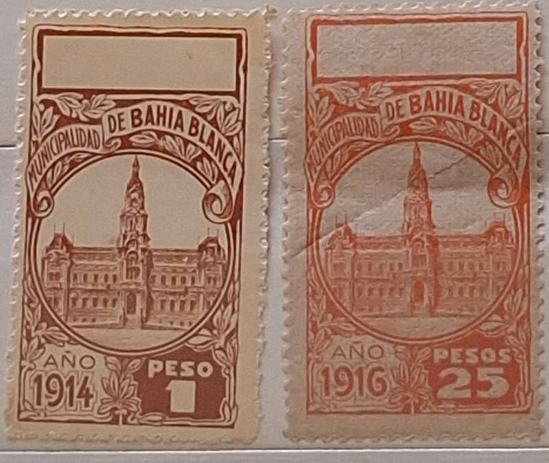 Argentina 1914 and 1916 Bahia Blanca 2 Unused Provincial Revenue stamps