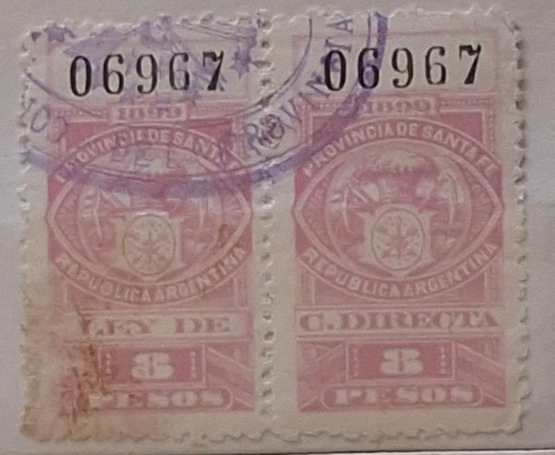 Argentina 1899 Province of Santiago Pair Numbered Used Revenue stamps