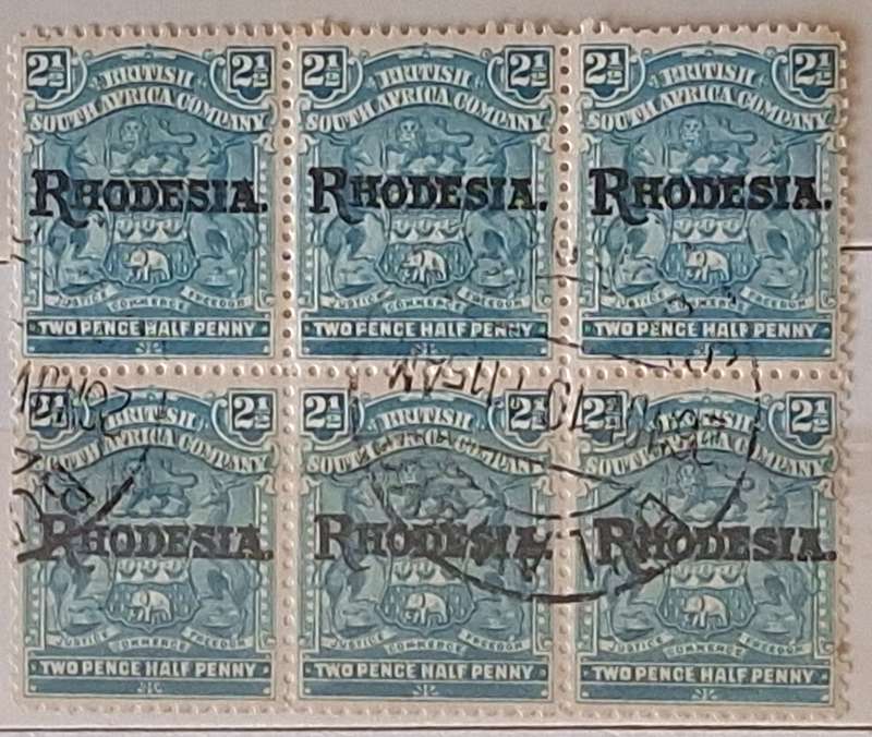 British South Africa Company 1909 2 1/2d Overprinted Rhodesia Block of 6 Used stamps