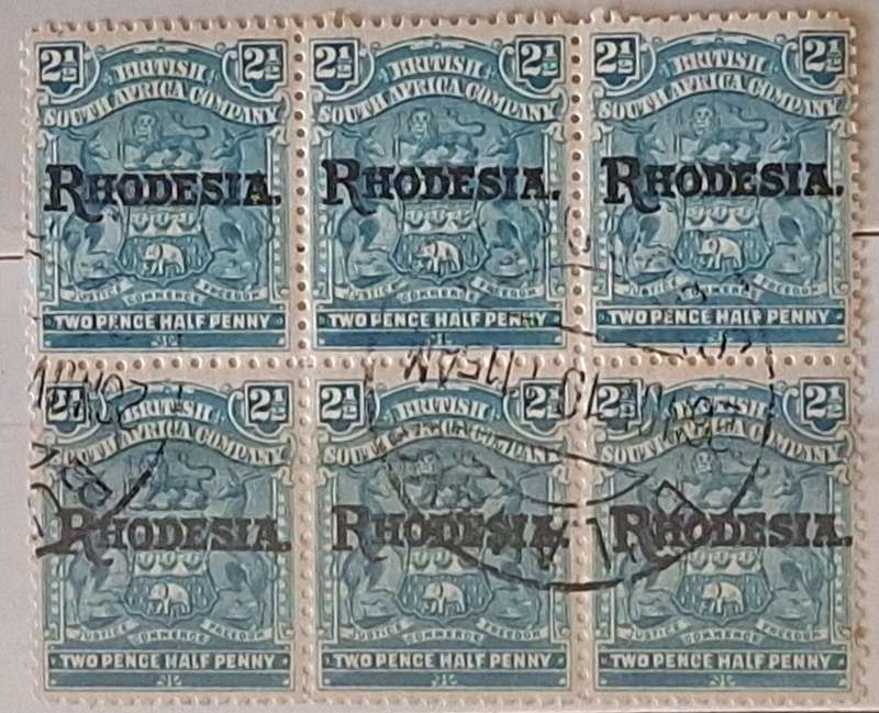 British South Africa Company 1909 2 1/2d Overprinted Rhodesia Block of 6 Used stamps