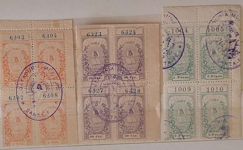 Argentina 1895 Municipality of Santa Fe (in Santa Fe province) 3 Blocks of 4 Used Revenue stamps