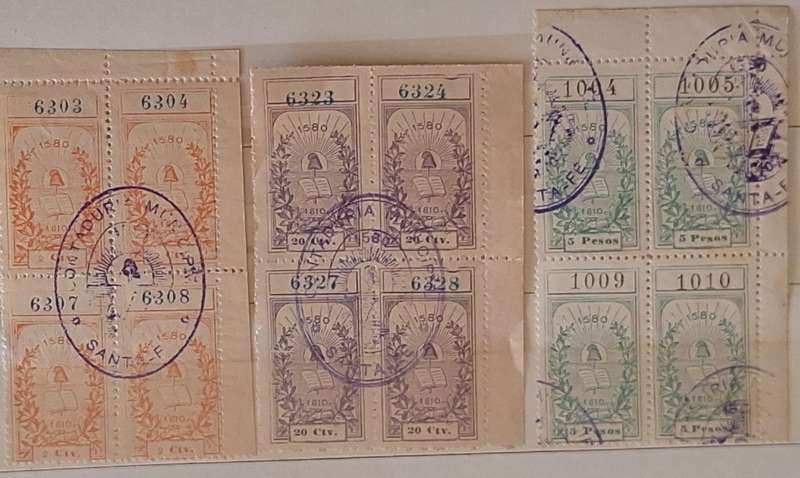 Argentina 1895 Municipality of Santa Fe (in Santa Fe province) 3 Blocks of 4 Used Revenue stamps
