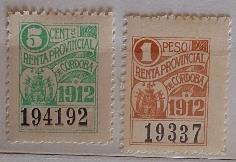 Argentina 1912  Cordoba Provincial Tax 2 Unused numbered stamps
