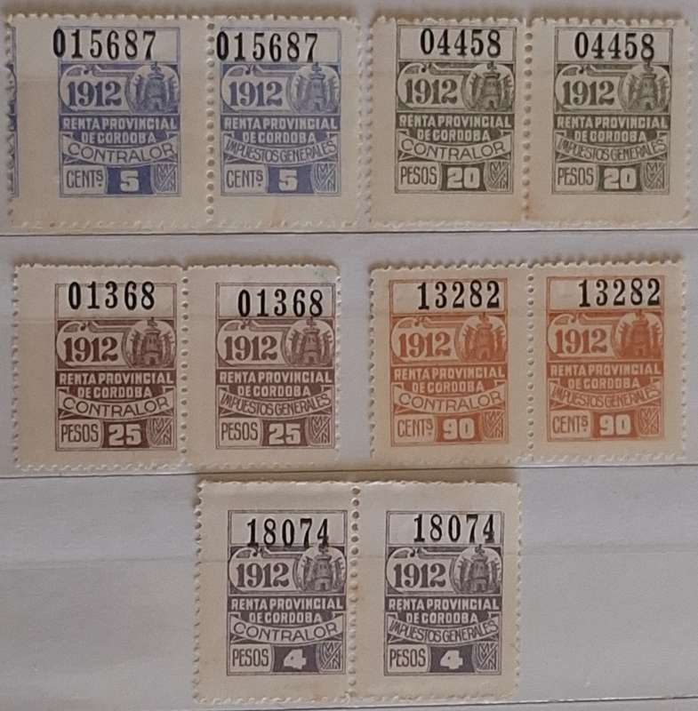 Argentina 1912  Cordoba General Tax 5 Pairs Unused Hinged numbered stamps