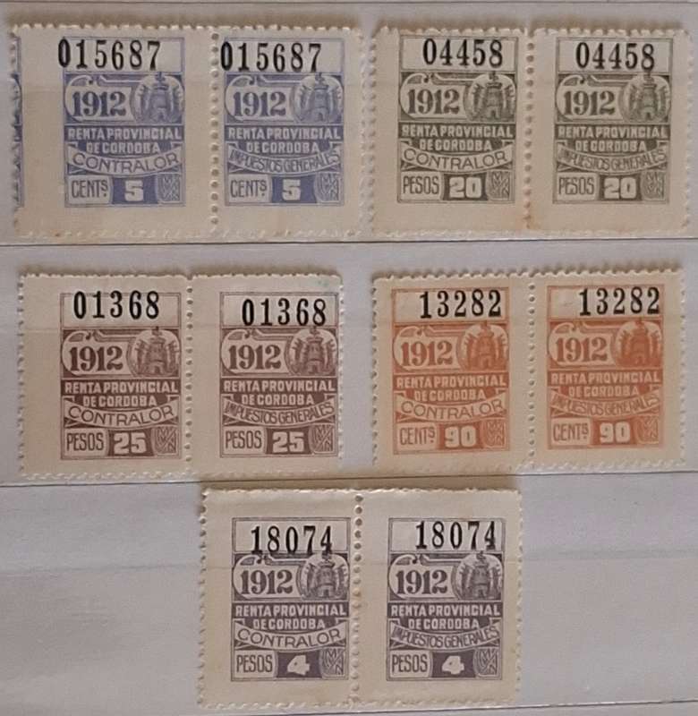 Argentina 1912  Cordoba General Tax 5 Pairs Unused Hinged numbered stamps