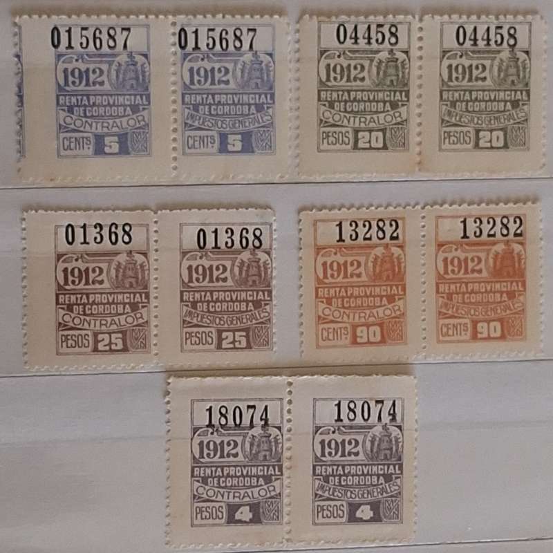 Argentina 1912  Cordoba General Tax 5 Pairs Unused Hinged numbered stamps